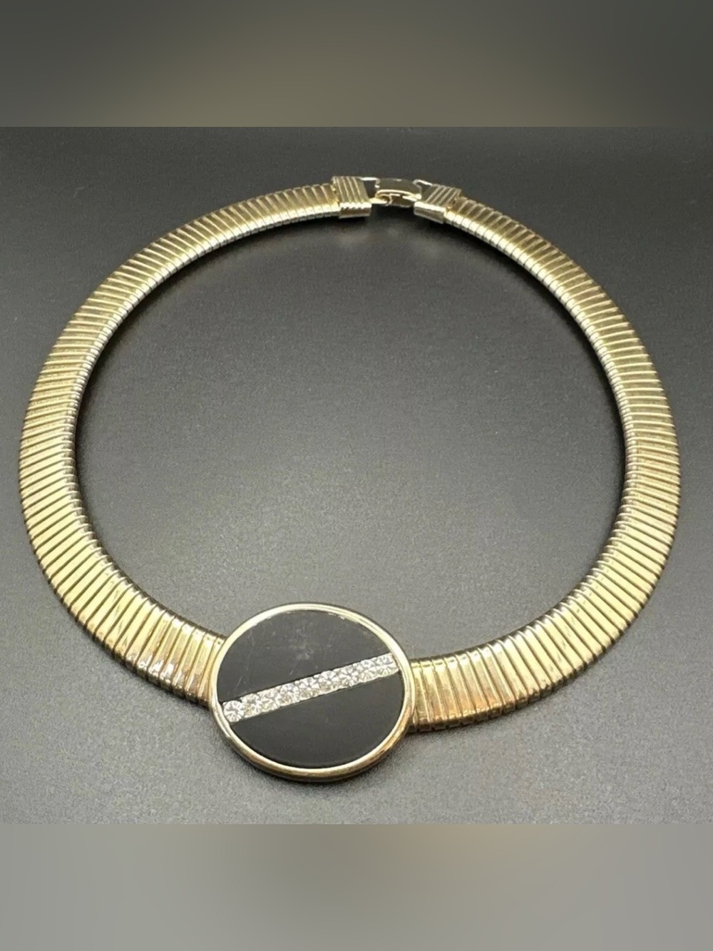 Park Lane Gold Tone Omega Collar Necklace Black Crystal  Flex Signed Vintage